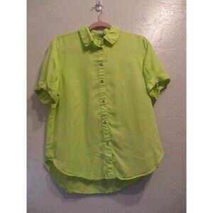Calvin Klein Womens S Cuffed-Sleeve Button Down Short Sleeve Shirt Green Tencel